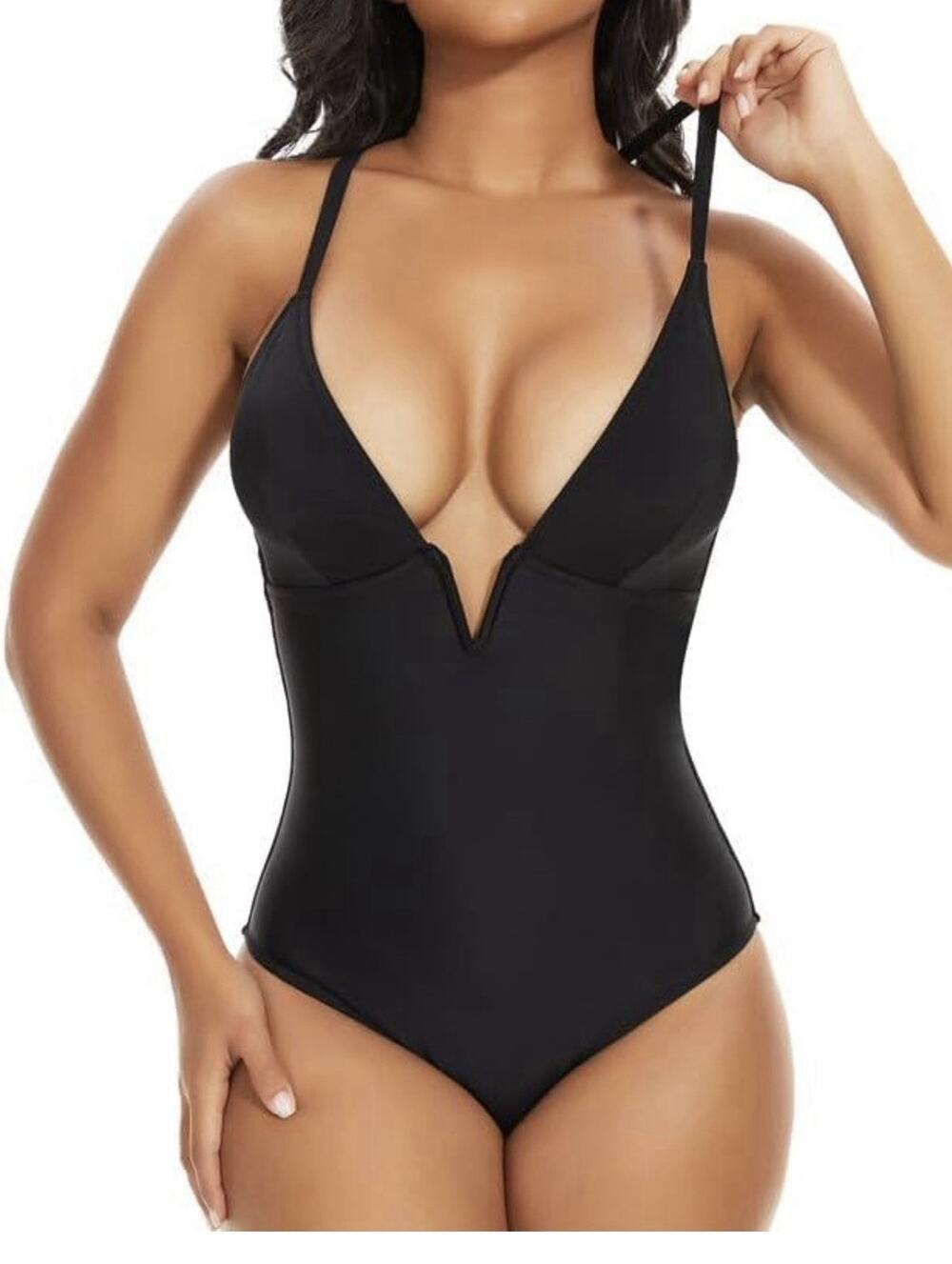 Women's One Piece Swimsuit Deep V Neck Tummy Control Push Up Black L